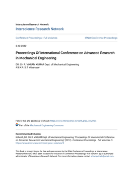 Proceedings of International Conference on Advanced Research in Mechanical Engineering