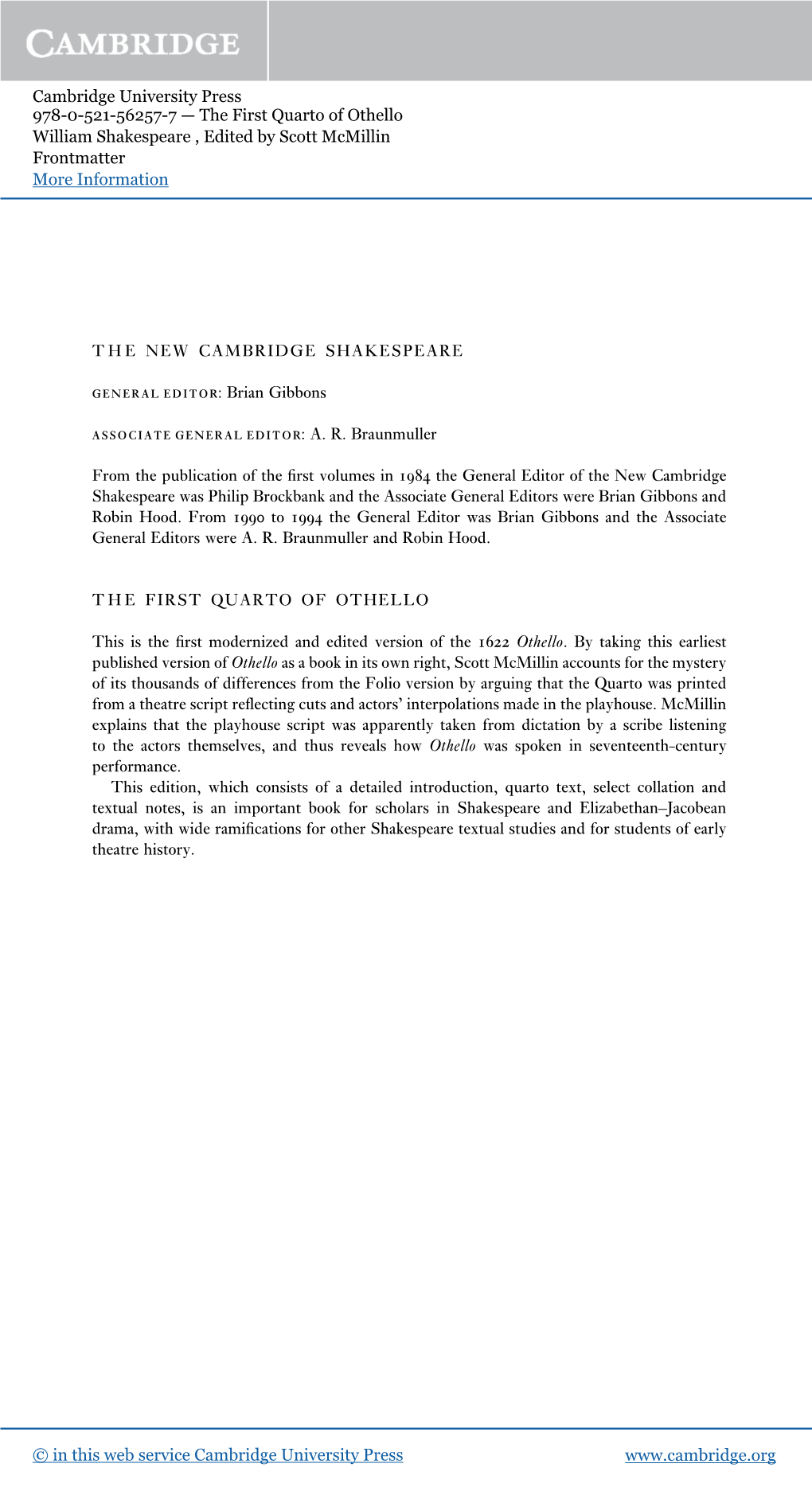 Cambridge University Press 978-0-521-56257-7 — the First Quarto of Othello William Shakespeare , Edited by Scott Mcmillin Frontmatter More Information