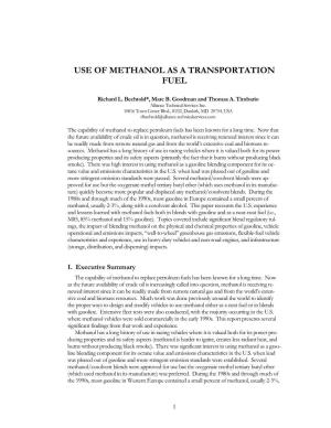 Use of Methanol As a Transportation Fuel