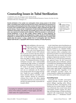 Counseling Issues in Tubal Sterilization I