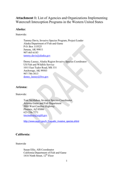 Attachment 1: List of Agencies and Organizations Implementing Watercraft Interception Programs in the Western United States