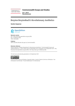 Commonwealth Essays and Studies, 42.1 | 2019 Breyten Breytenbach’S Revolutionary Aesthetics 2