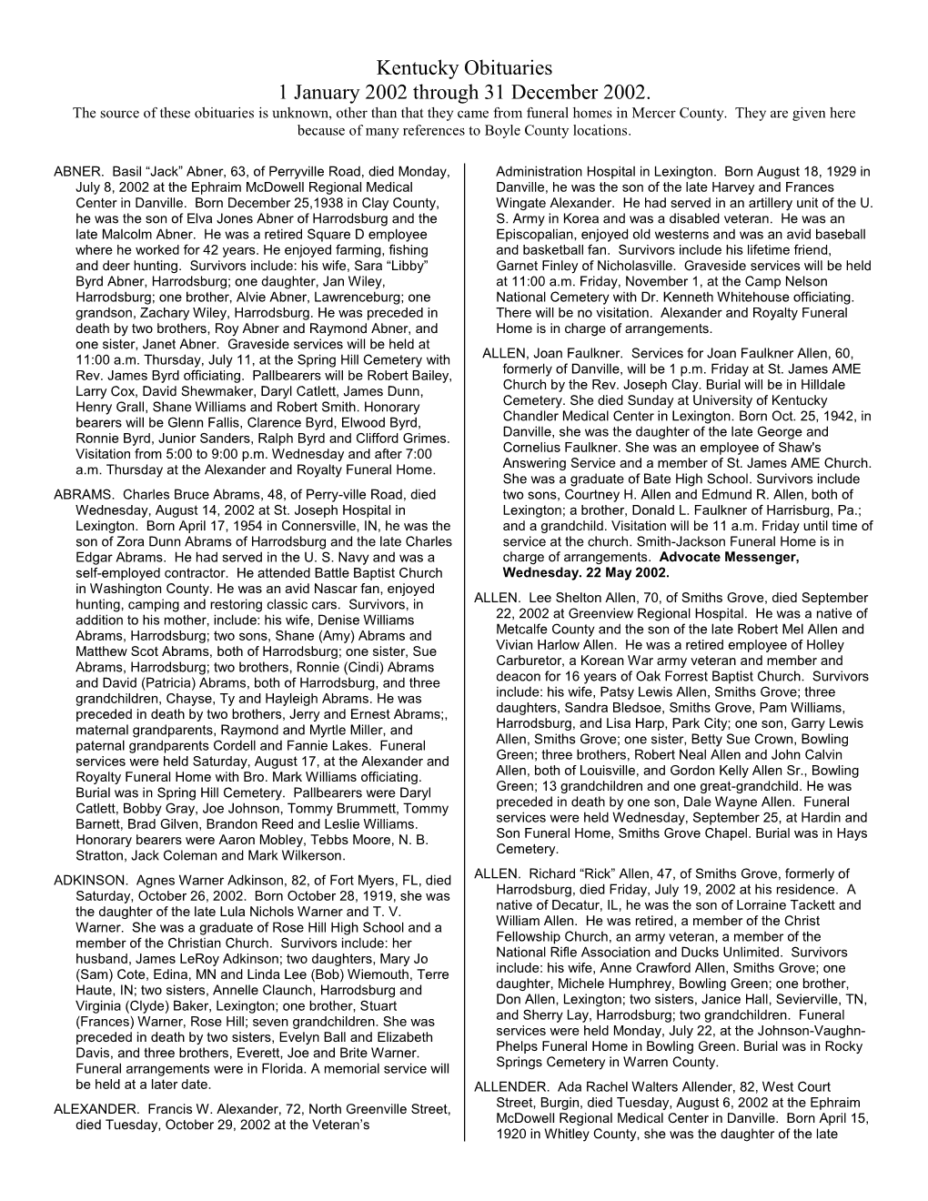 Kentucky Obituaries 1 January 2002 Through 31 December 2002