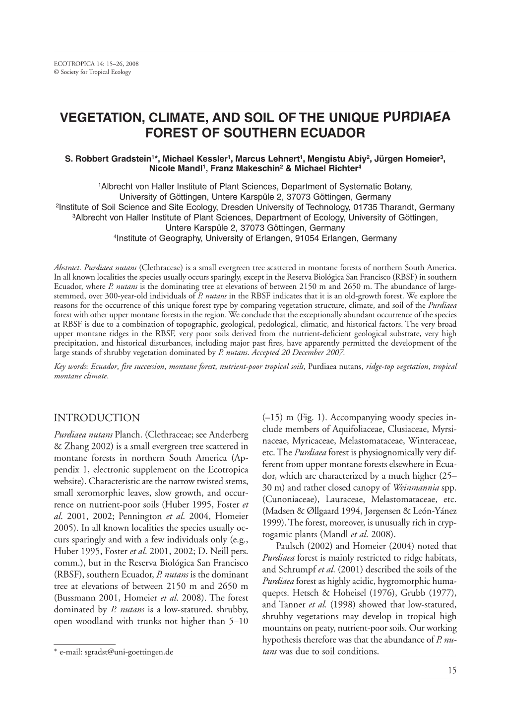 Vegetation, Climate, and Soil of the Unique Purdiaea Forest of Southern Ecuador
