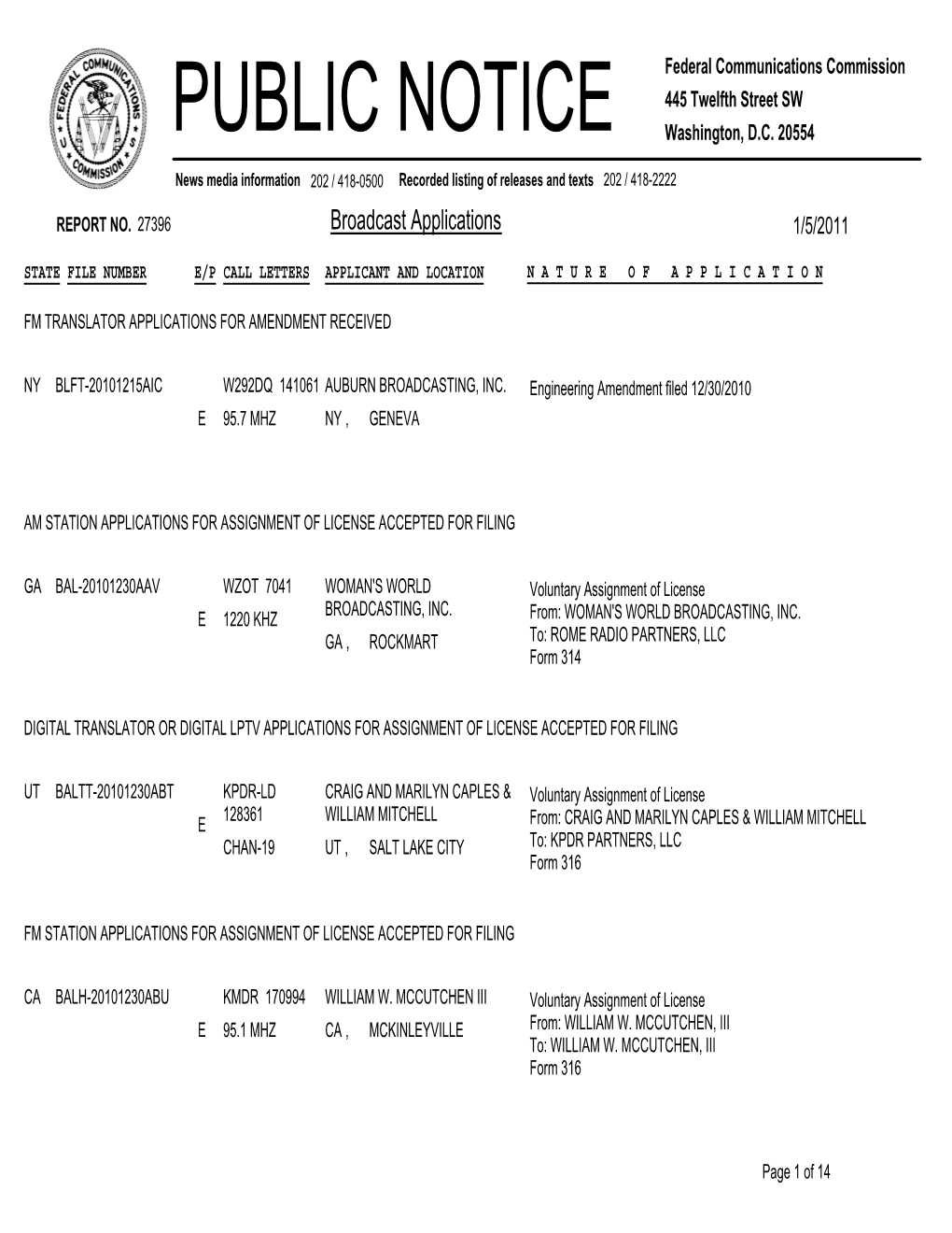 Broadcast Applications 1/5/2011