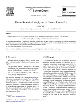 The Mathematical Biophysics of Nicolas Rashevsky Paul Cull Computer Science Department, Oregon State University, Corvallis, OR 97331, USA