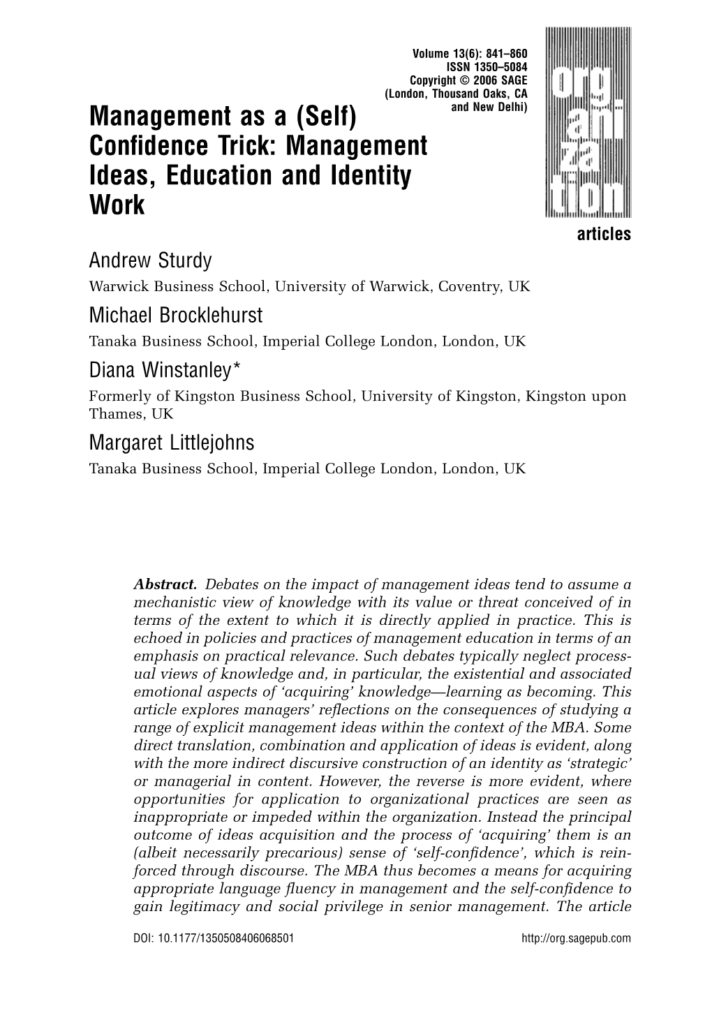 (Self) Confidence Trick: Management Ideas, Education and Identity Work