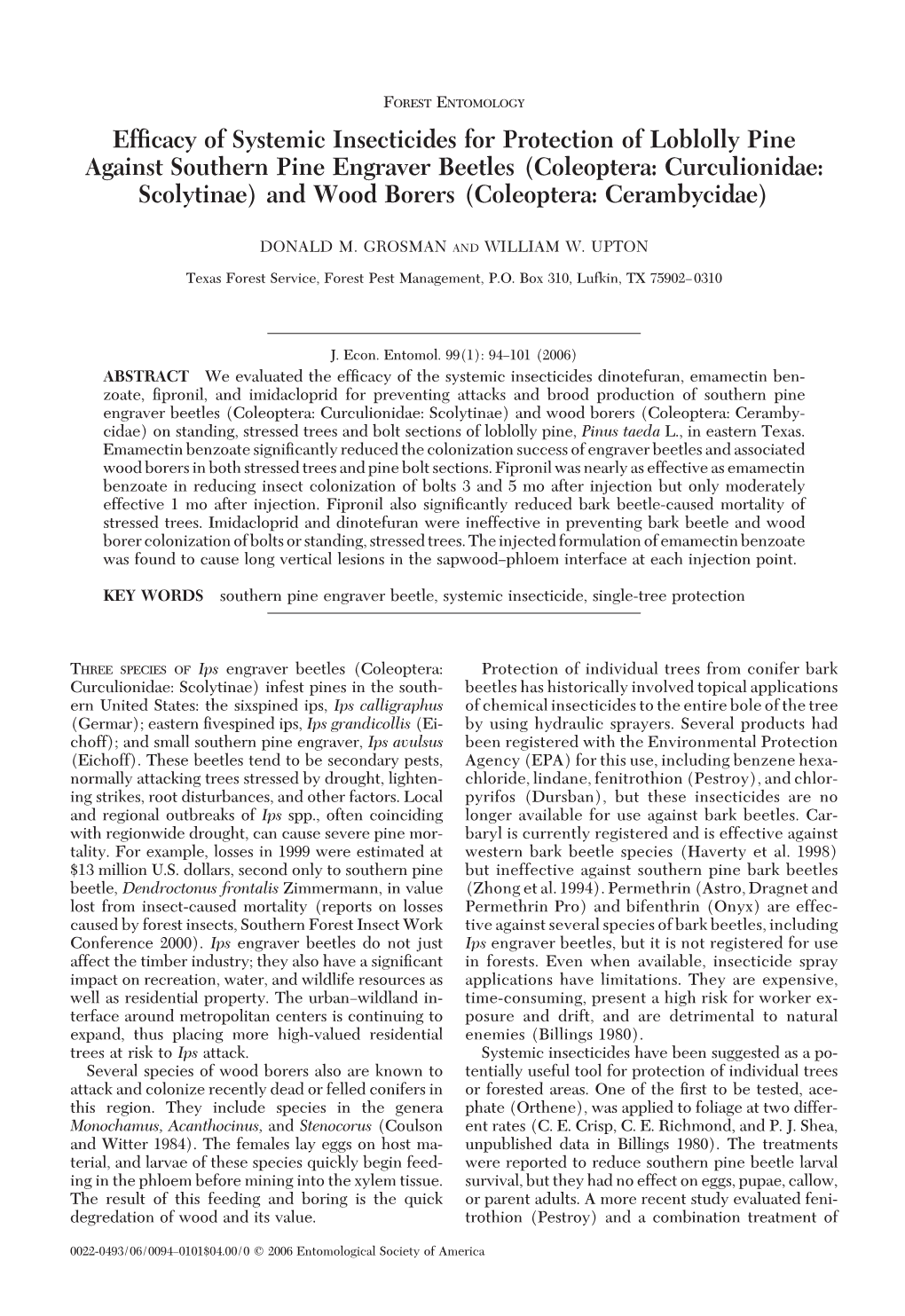 Efficacy of Systemic Insecticides for Protection of Loblolly Pine Against