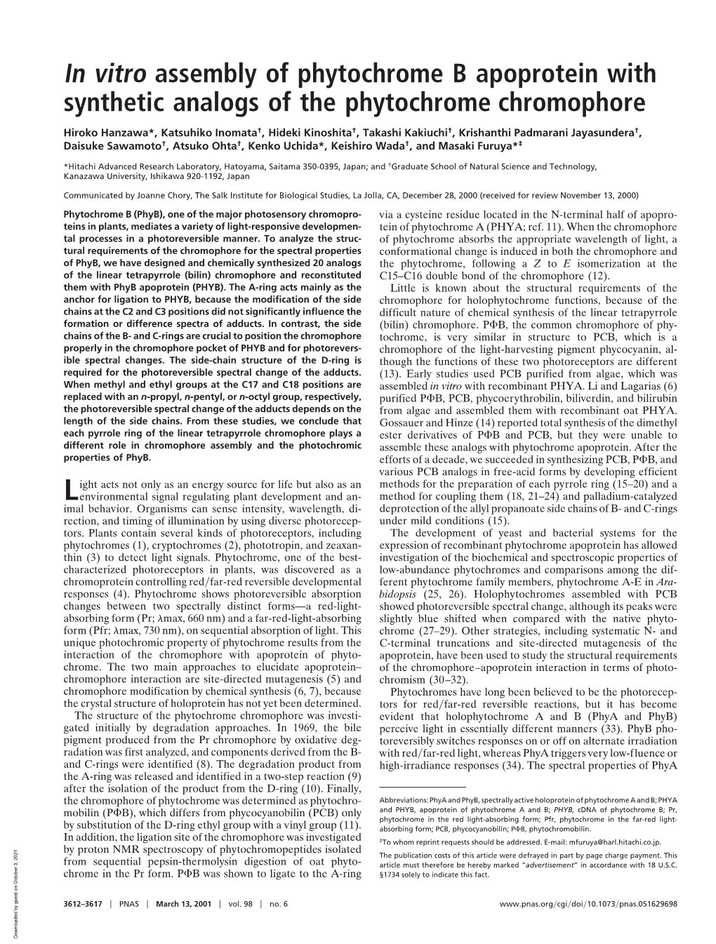 In Vitro Assembly of Phytochrome B Apoprotein with Synthetic Analogs of the Phytochrome Chromophore