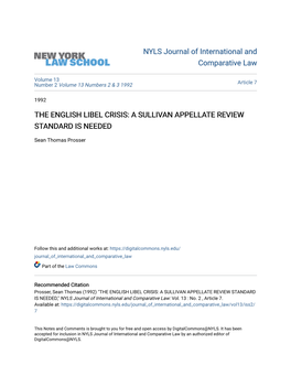 The English Libel Crisis: a Sullivan Appellate Review Standard Is Needed
