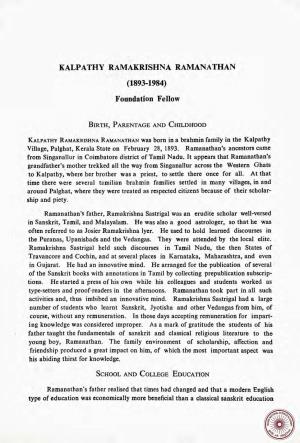 KALPATHY RAMAKRISHNA RAMANATHAN (1 893-1 984) Foundation Fellow