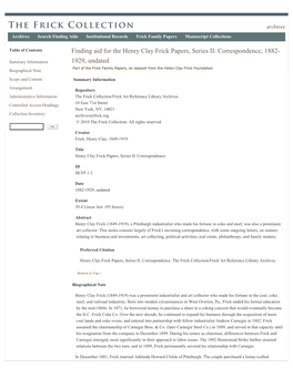 Finding Aid for the Henry Clay Frick Papers, Series II: Correspondence, 1882