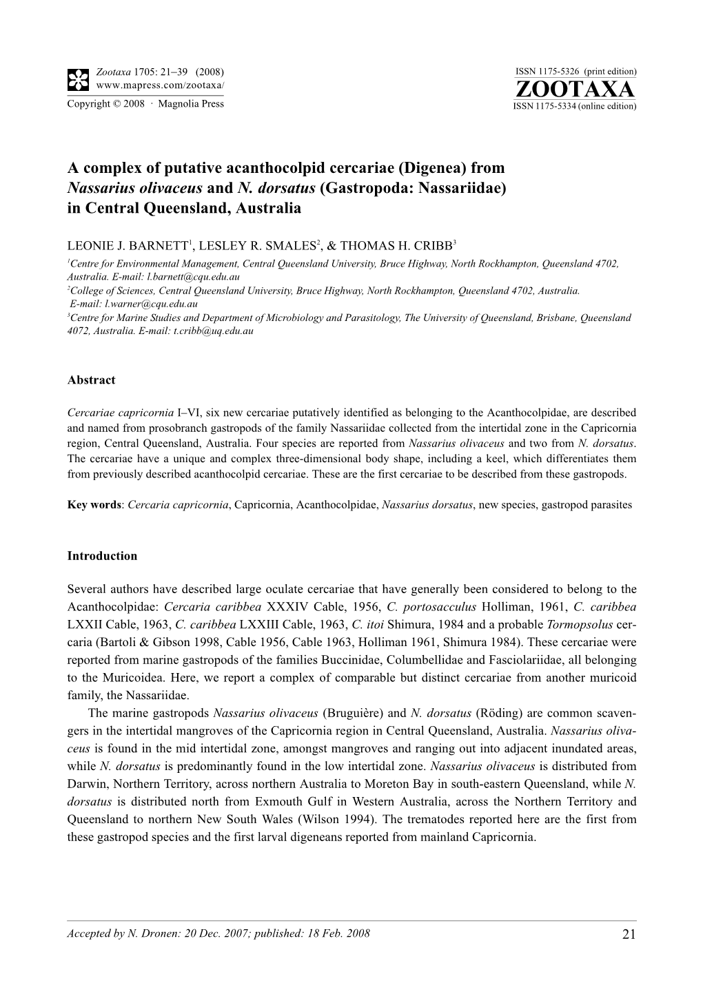 Zootaxa, a Complex of Putative Acanthocolpid Cercariae (Digenea