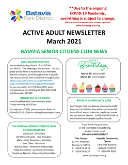 ACTIVE ADULT NEWSLETTER March 2021