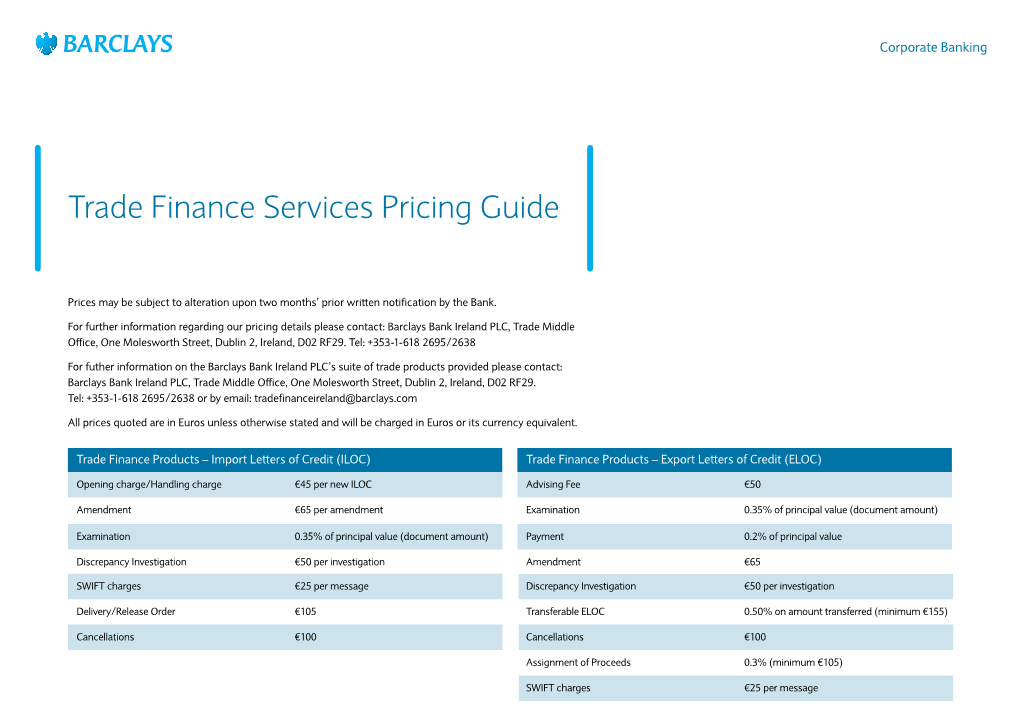 Trade Finance Service Pricing Guide