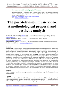 The Post-Television Music Video. a Methodological Proposal and Aesthetic Analysis”
