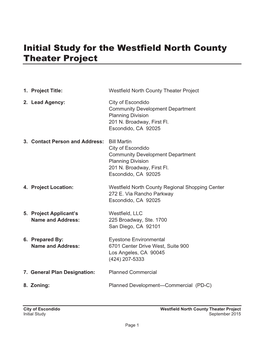Initial Study for the Westfield North County Theater Project