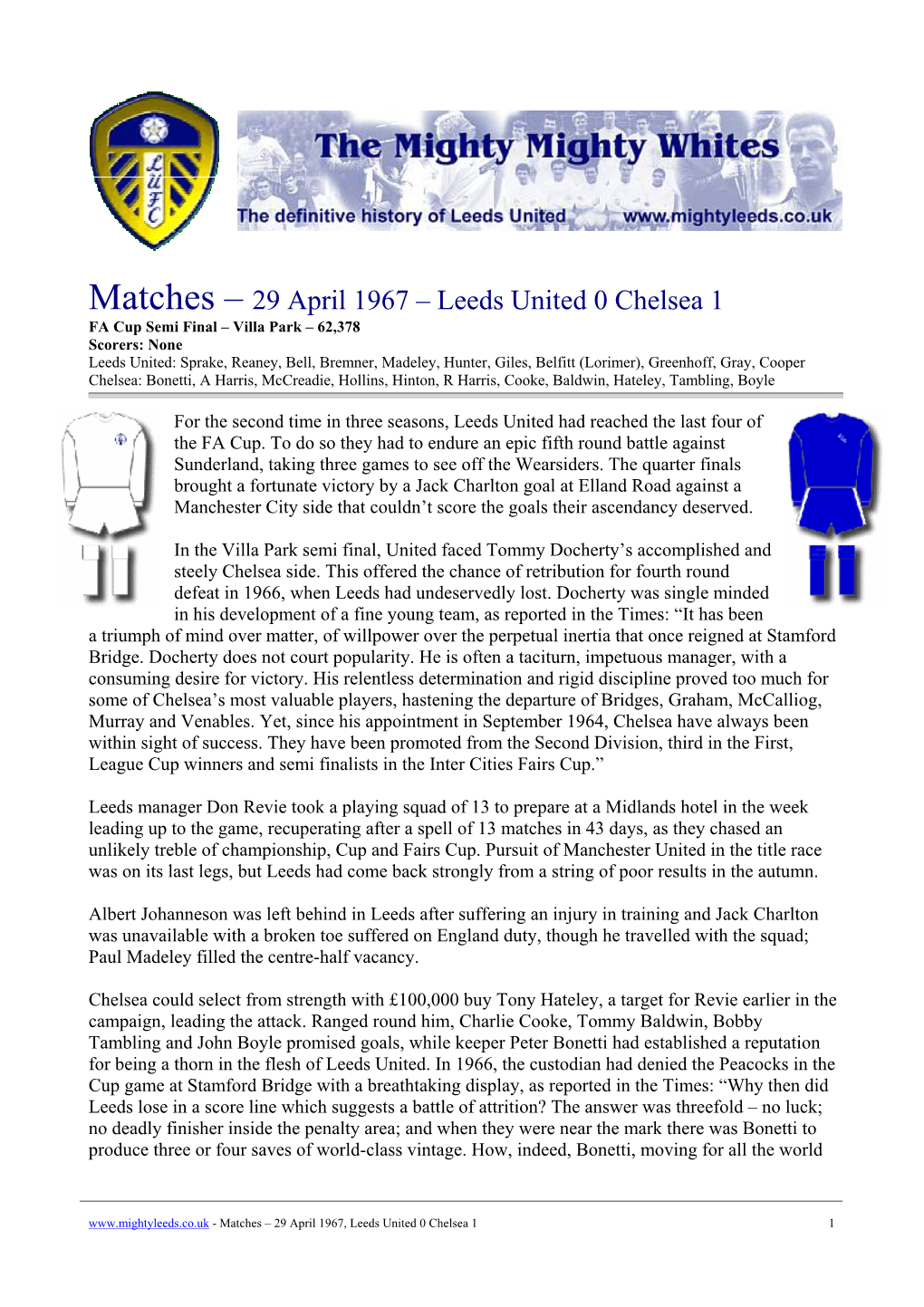 Matches – 29 April 1967 – Leeds United 0 Chelsea 1