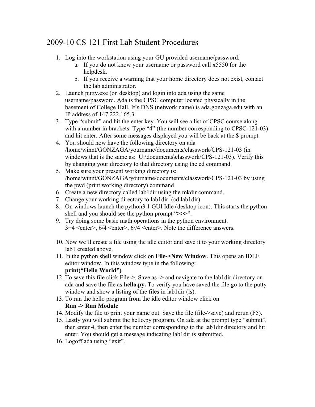 2008 CS 121 First Lab Student Procedures