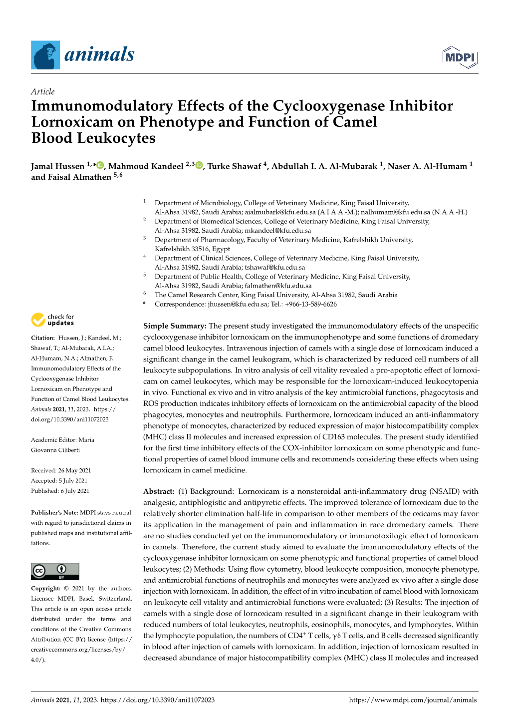 Immunomodulatory Effects of the Cyclooxygenase Inhibitor Lornoxicam on Phenotype and Function of Camel Blood Leukocytes