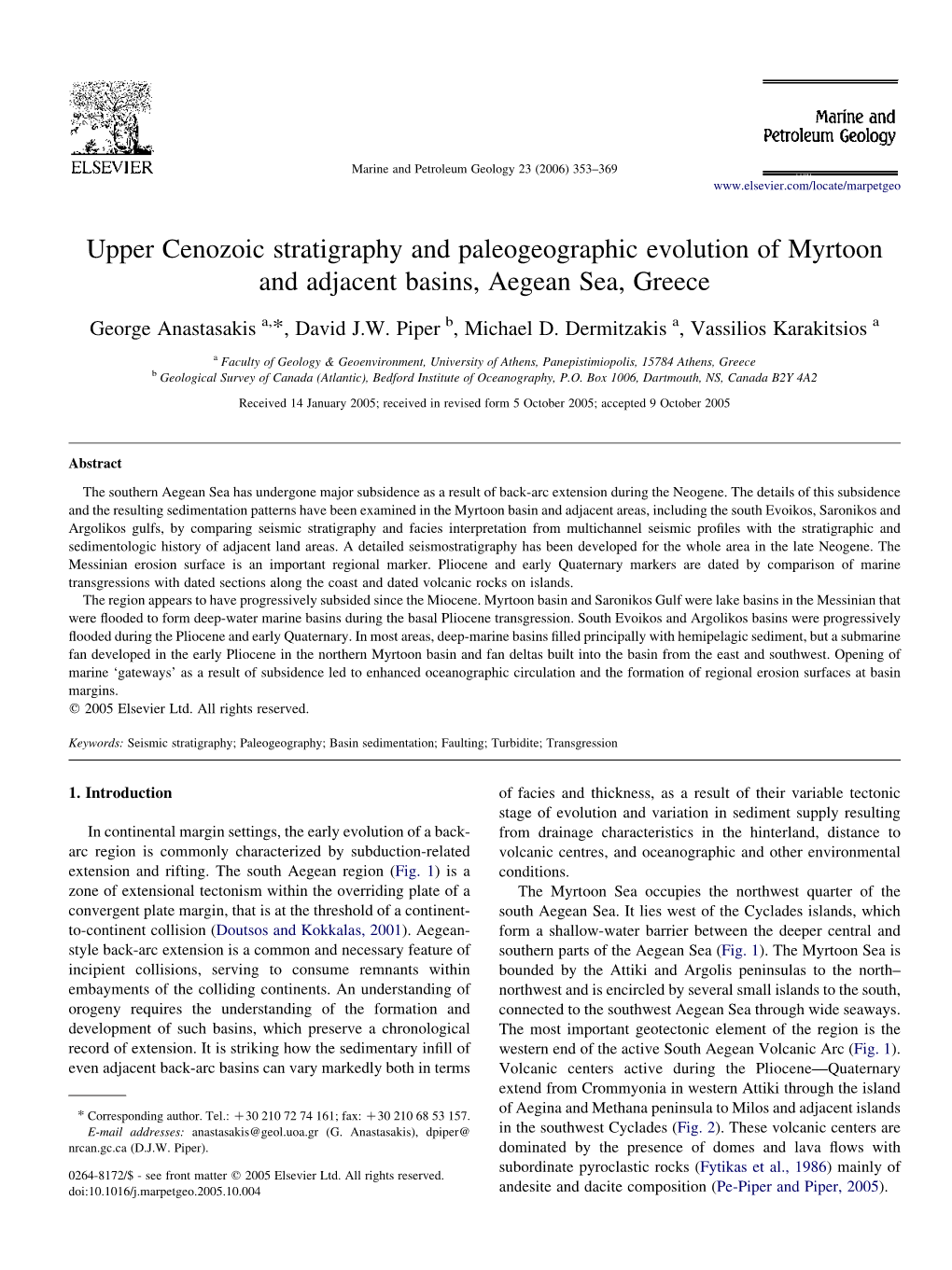Upper Cenozoic Stratigraphy and Paleogeographic Evolution of Myrtoon and Adjacent Basins, Aegean Sea, Greece