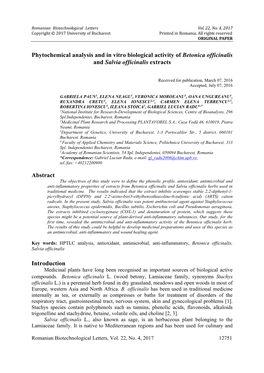 Phytochemical Analysis and in Vitro Biological Activity of Betonica Officinalis and Salvia Officinalis Extracts