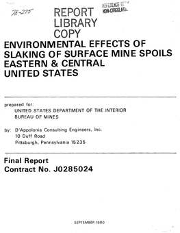 Environmental Effects of Slaking of Surface Mine Spoils Eastern & Central United States