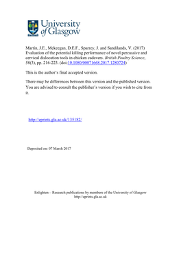 Evaluation of the Potential Killing Performance of Novel Percussive and Cervical Dislocation Tools in Chicken Cadavers