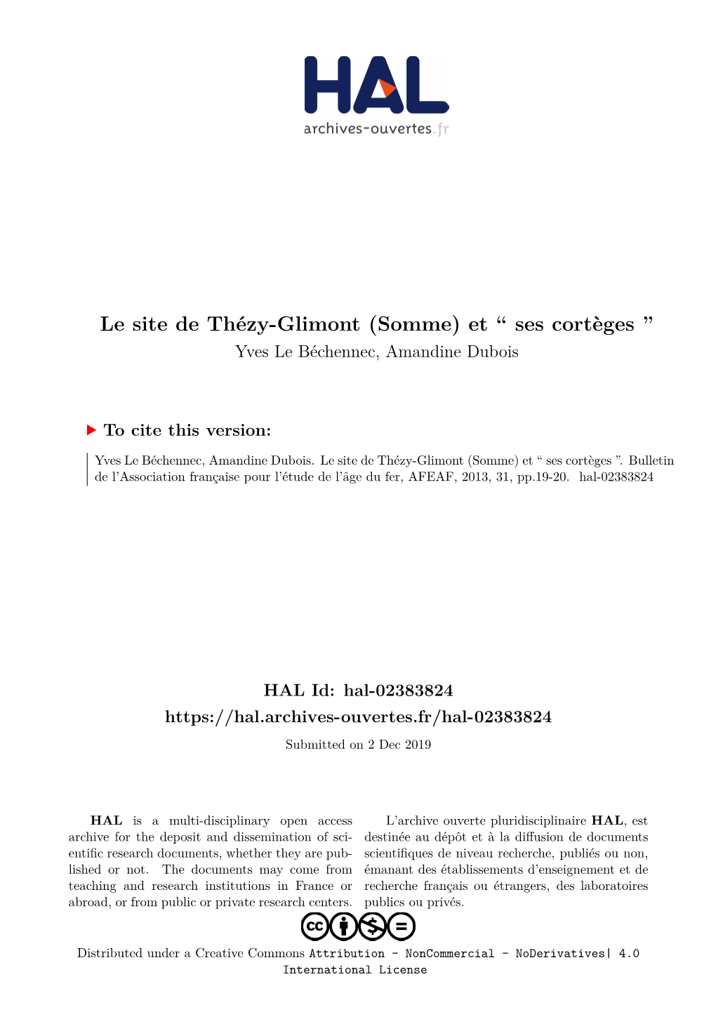 Le Site De Thézy-Glimont (Somme) Et “ Ses Cortèges ” Yves Le Béchennec, Amandine Dubois