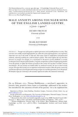 Male Anxiety Among Younger Sons of the English Landed Gentry, – *