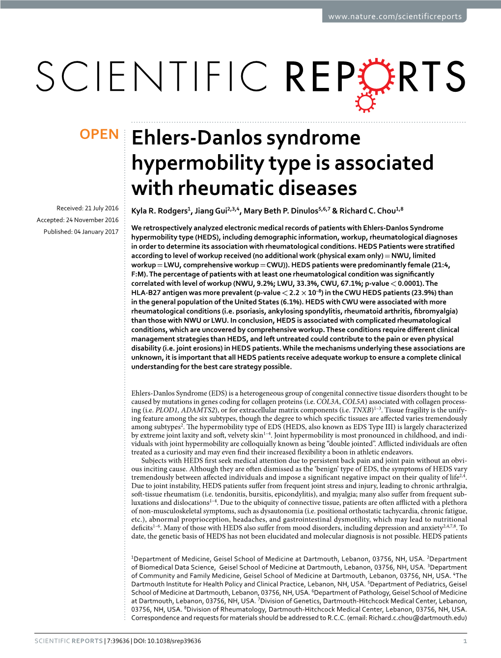 Ehlers-Danlos Syndrome Hypermobility Type Is Associated with Rheumatic Diseases Received: 21 July 2016 Kyla R