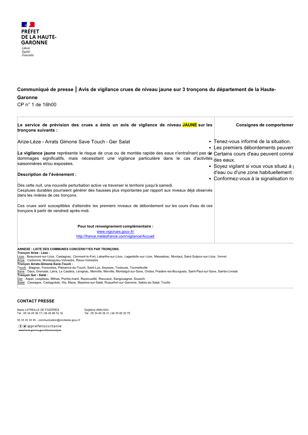 Avis De Vigilance Crues De Niveau Jaune Sur 3 Tronçons Du Département De La Haute- Garonne CP N° 1 De 16H00