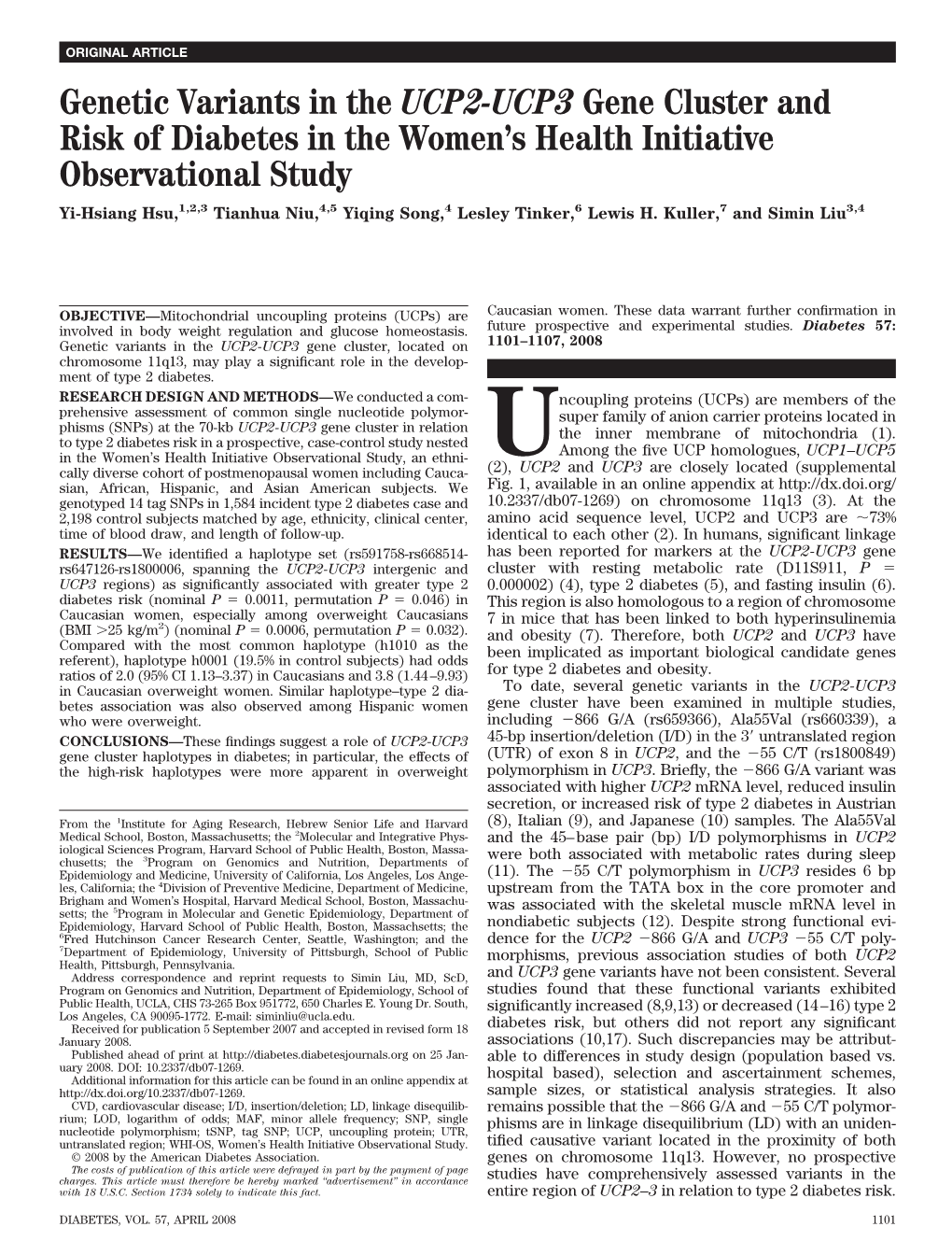 Genetic Variants in the UCP2-UCP3 Gene Cluster and Risk of Diabetes