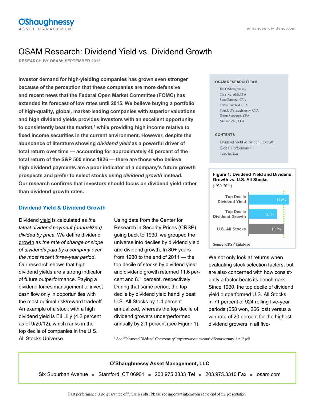 Dividend Yield Vs. Dividend Growth RESEARCH by OSAM: SEPTEMBER 2012