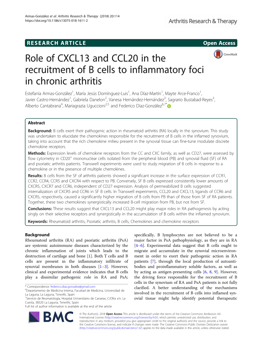Role of CXCL13 and CCL20 in the Recruitment of B Cells to Inflammatory Foci in Chronic Arthritis
