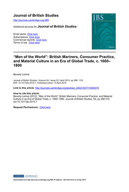 “Men of the World”: British Mariners, Consumer Practice, and Material Culture in an Era of Global Trade, C