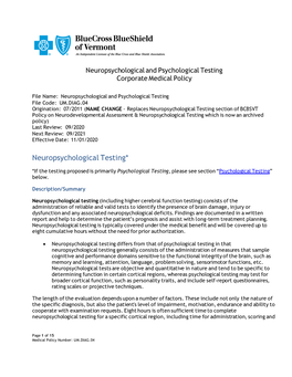 Neuropsychological and Psychological Testing Corporate Medical Policy