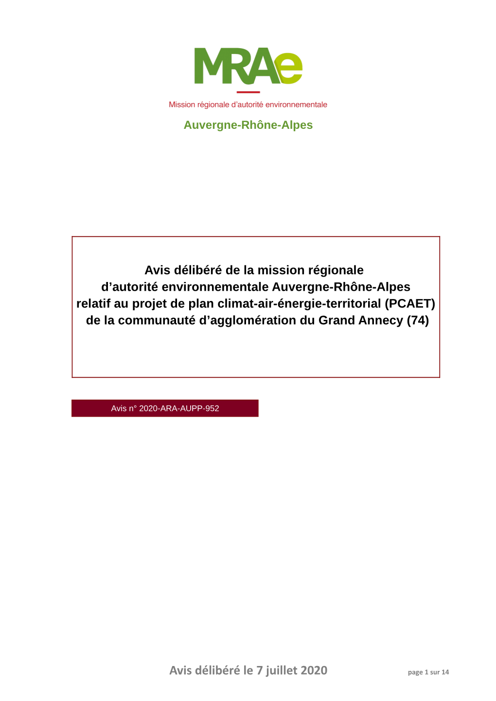 Avis Délibéré Le 7 Juillet 2020 Page 1 Sur 14 Préambule Relatif À L’Élaboration De L’Avis