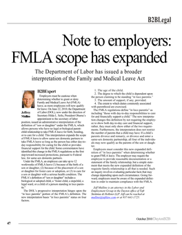 Note to Employers: FMLA Scope Has Expanded the Department of Labor Has Issued a Broader Interpretation of the Family and Medical Leave Act