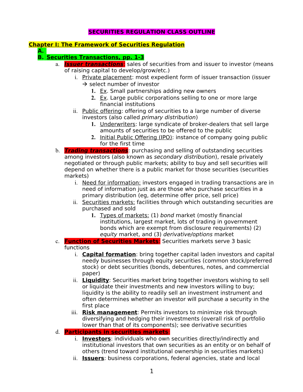 Securities Regulation Class Outline