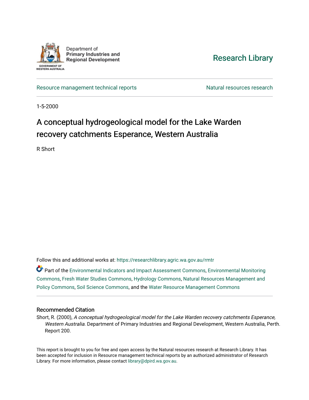 A Conceptual Hydrogeological Model for the Lake Warden Recovery Catchments Esperance, Western Australia