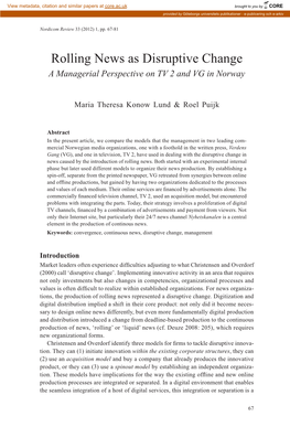 Rolling News As Disruptive Change a Managerial Perspective on TV 2 and VG in Norway