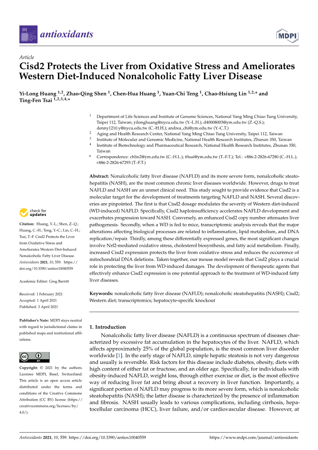 Cisd2 Protects the Liver from Oxidative Stress and Ameliorates Western Diet-Induced Nonalcoholic Fatty Liver Disease