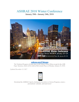 ASHRAE 2018 Winter Conference January 20Th - January 24Th, 2018