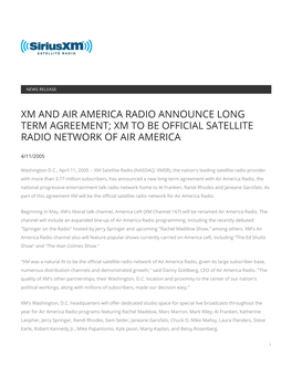 Xm and Air America Radio Announce Long Term Agreement; Xm to Be Official Satellite Radio Network of Air America