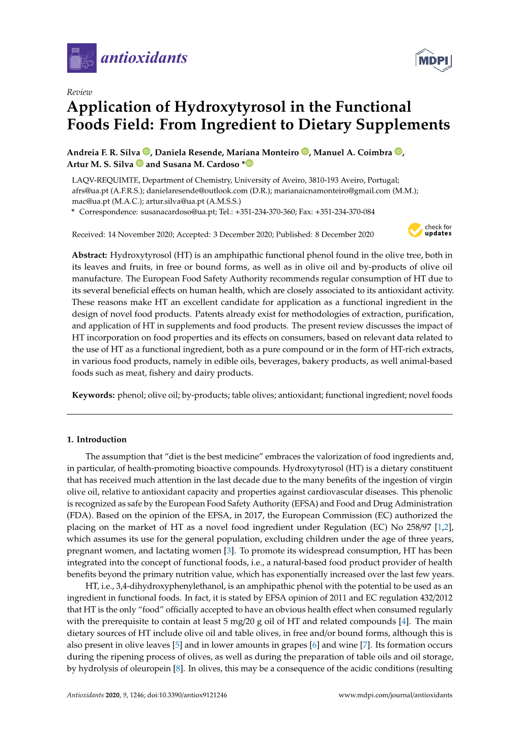 Application of Hydroxytyrosol in the Functional Foods Field: from Ingredient to Dietary Supplements