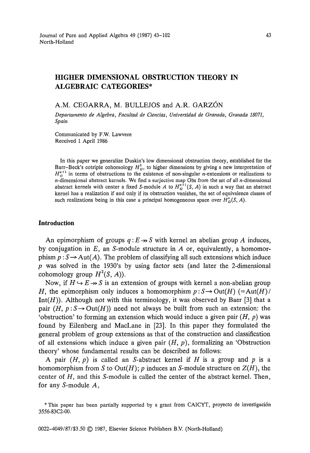 Idgher Dimensional Obstruction Theory in Algebraic Categories*