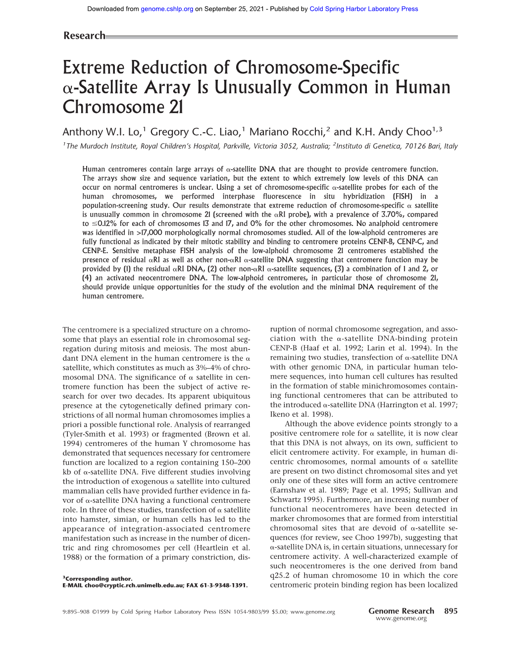 Extreme Reduction of Chromosome-Specific Α-Satellite Array Is Unusually Common in Human Chromosome 21