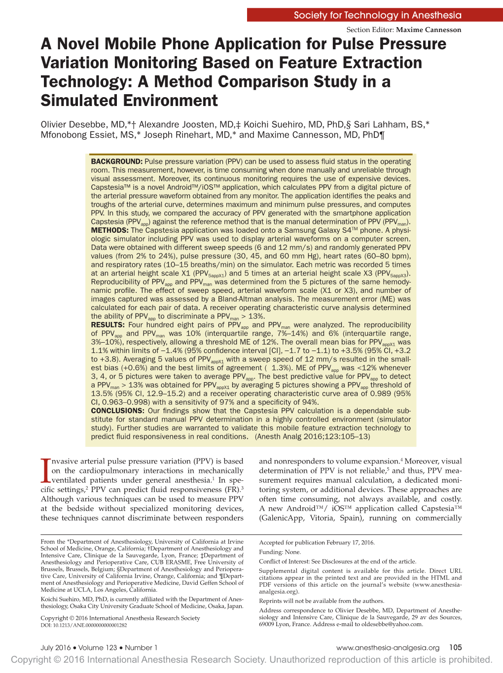 A Novel Mobile Phone Application for Pulse Pressure Variation Monitoring Based on Feature Extraction Technology: a Method Comparison Study in a Simulated Environment