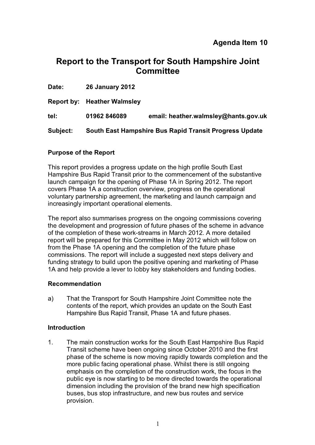 Report to the Transport for South Hampshire Joint Committee